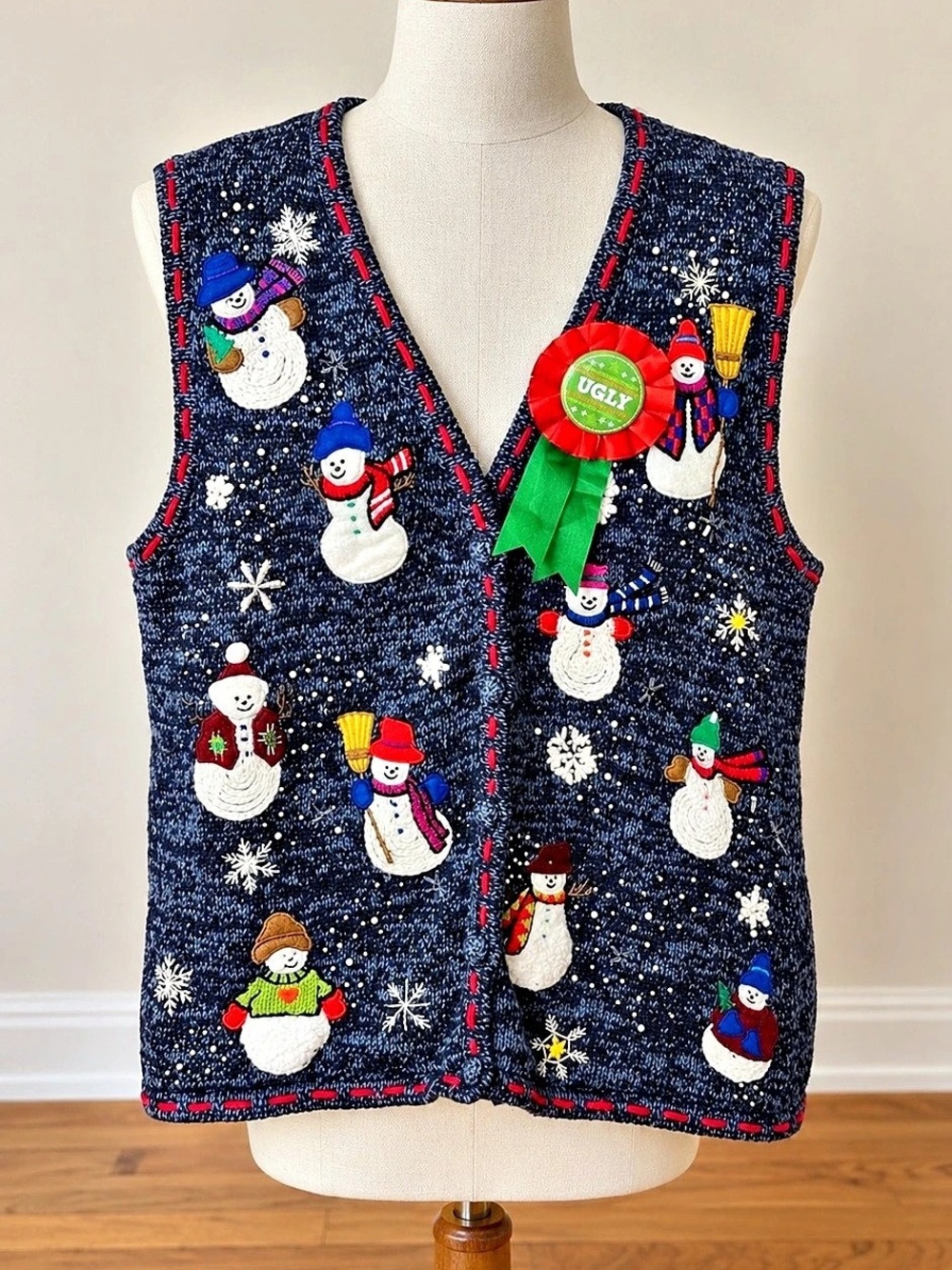 Designers Studio Originals Snowman Holiday Vest in Blue & Red Size Medium